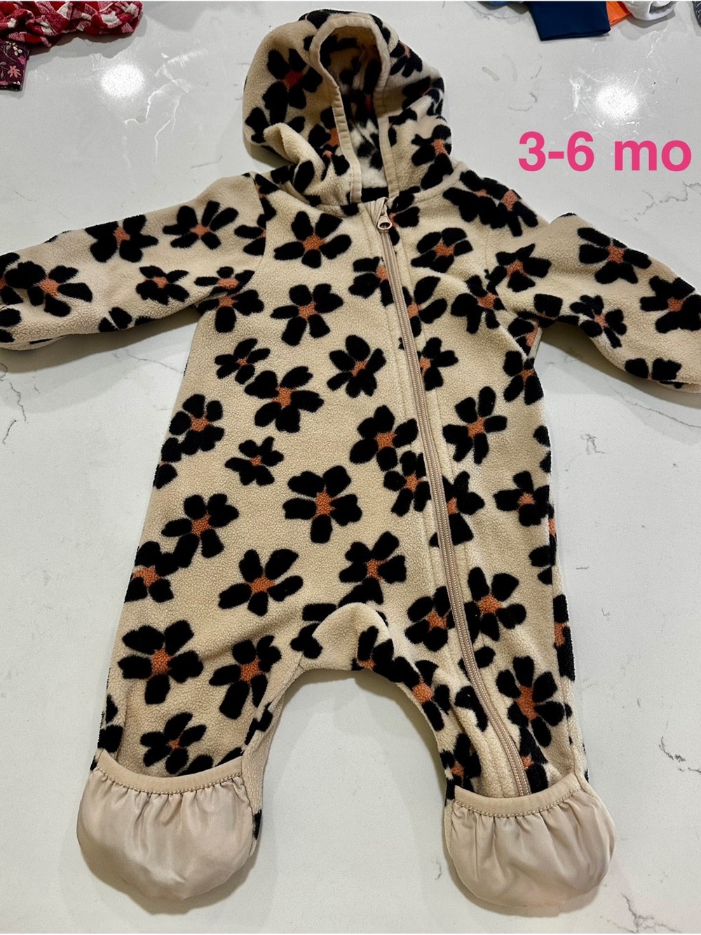 Wonder nation Beige Floral Fleece Hooded One-Piece for Kids (3-6 mo)